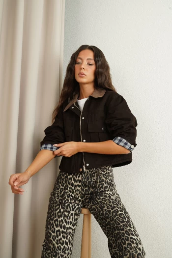 Kahverengi ZR Leopar Palazzo Jean, Kahverengi Yaka Detaylı Ceket