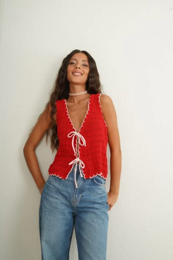 Kırmızı Orj Model Örme Yelek, Mavi Palazzo Jean