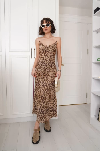 Bej Orj Model Leopar Desenli Elbise