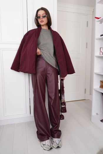 Bordo Zr Deri Pantolon, Gri Bisiklet Yaka Yumoş Kazak, Bordo Zr Model Premium Mont