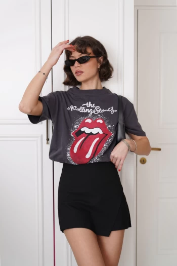 Gri Eskitme Baskılı T-Shirt