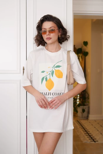 Beyaz Baskılı Oversize T-Shirt