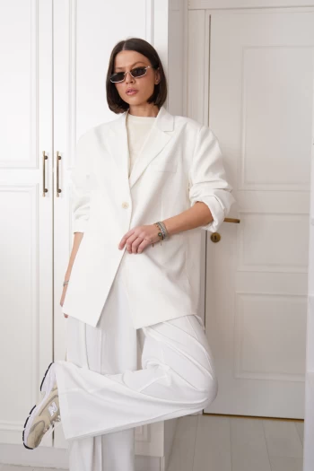 Beyaz Blazer Ceket, Beyaz Düğme Detaylı Pantolon