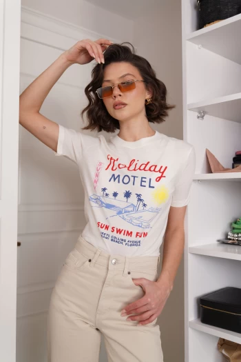 Krem Orj Model Baskılı T-Shirt