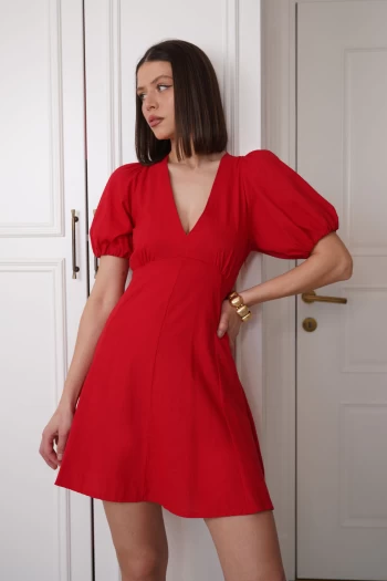 Kırmızı Keten Elbise