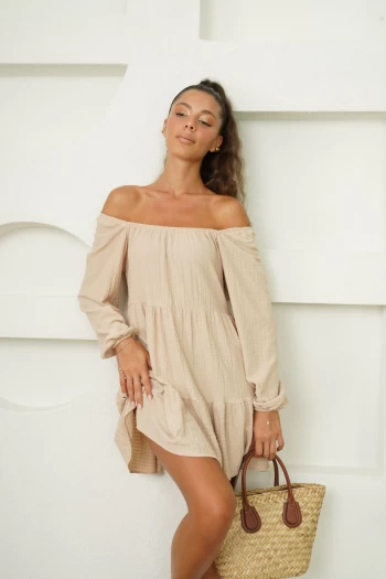 Bej Kaşkorse Bürümcük Elbise