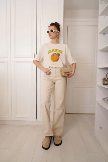 Ekru Yüksek Bel Palazzo Jean