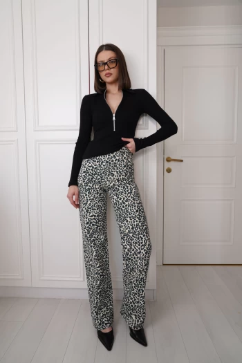 Siyah Fermuarlı Fitilli Body, Ekru Leopar Palazzo Jean