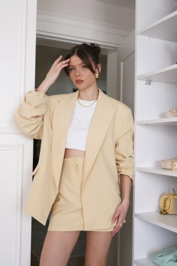 Sarı Büzgülü Oversize Şort Etek Takım