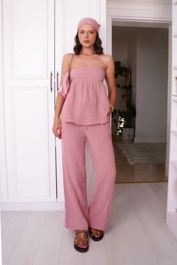 Pembe Bandanalı Müslin Takım