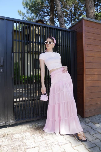 Pembe Orj Marka Body, Pembe İçi Şortlu Şifon Etek