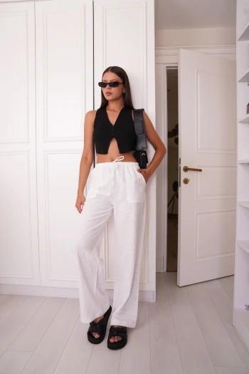 Beyaz Kordonlu Keten Pantolon