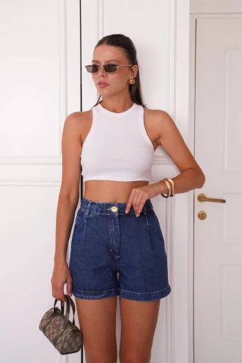Beyaz Orj Marka Fitilli Atlet, Mavi Denim Şort