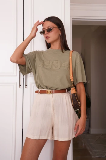 Haki Oversize Eskitme T-Shirt, Bej Premium Keten Şort