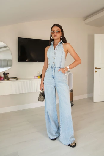 Buz Mavisi Premium Sırt Detaylı Denim Tulum