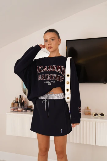 Lacivert Şerit Detaylı Sweatshirt, Lacivert Beli Lastikli Etek