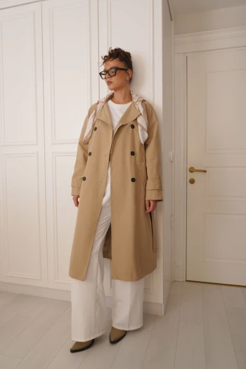 Bej Premium Kalite Fularlı Maxi Trençkot