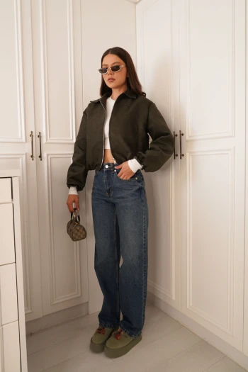 Haki Bomber Süet Ceket, Mavi Palazzo Jean