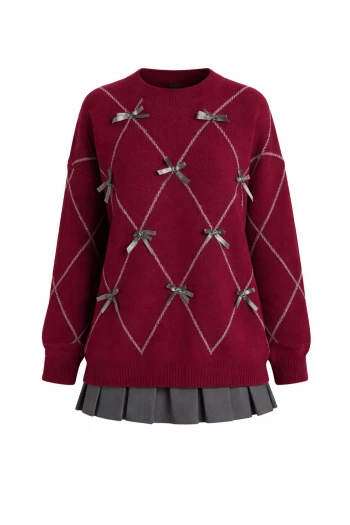 Bordo Kurdele Detaylı Triko Kazak