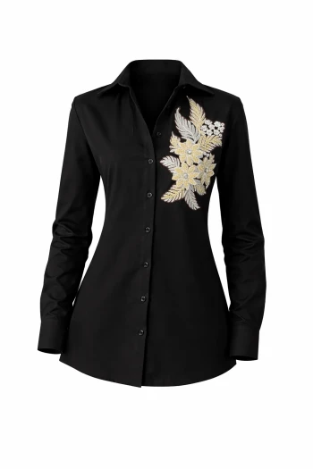 Siyah Çiçek Detaylı Gömlek