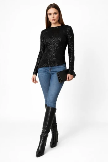 Siyah Payetli Uzun Kollu Bluz