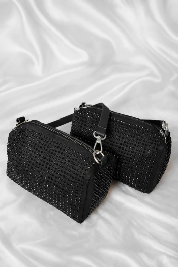 Siyah Taşlı Çift Askılı El ve Omuz Çantası