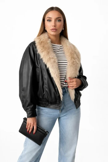 Siyah Yakası Kürklü Kruvaze Deri Ceket