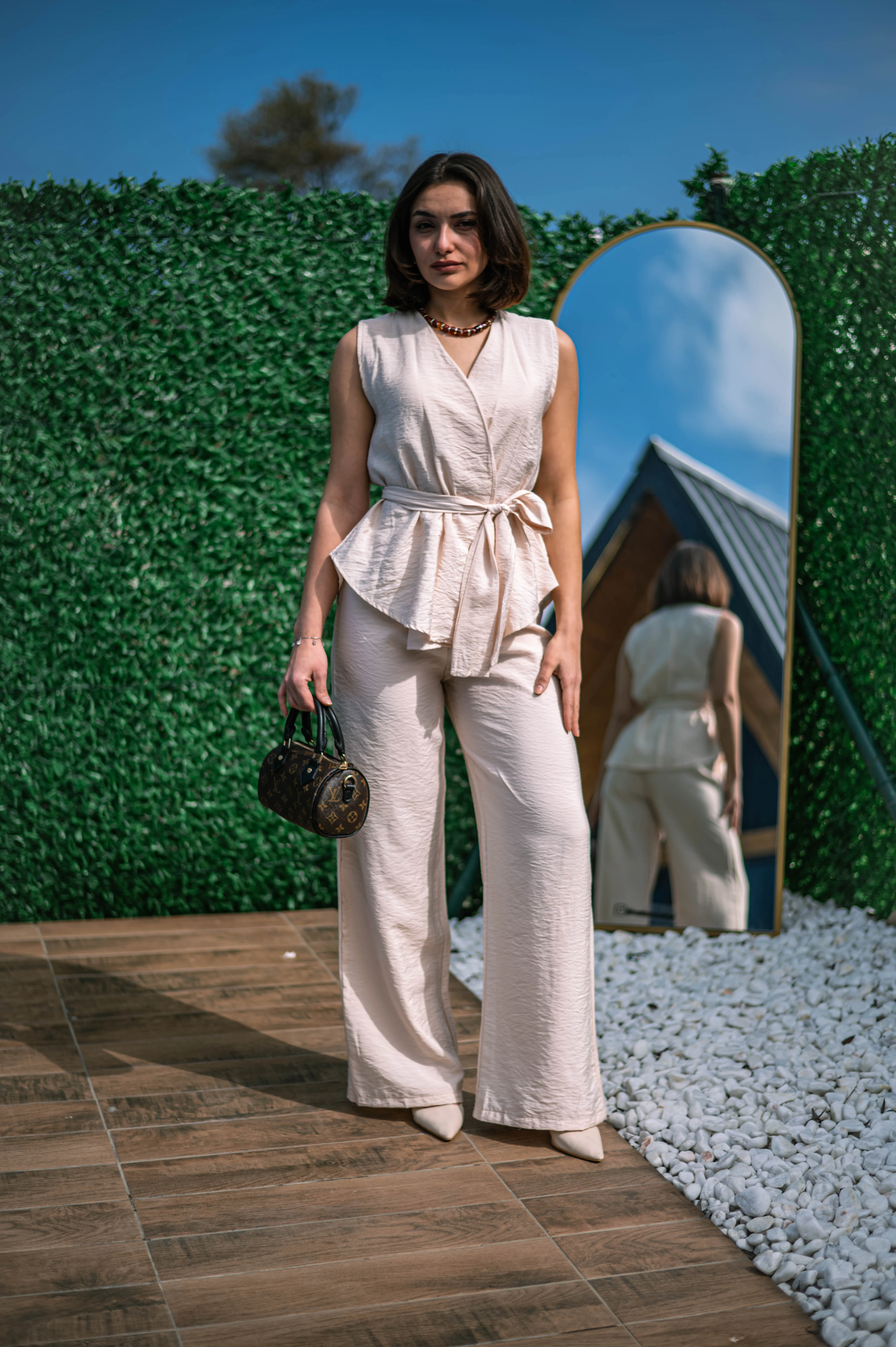 Bej Kolsuz Bağlamalı Takım