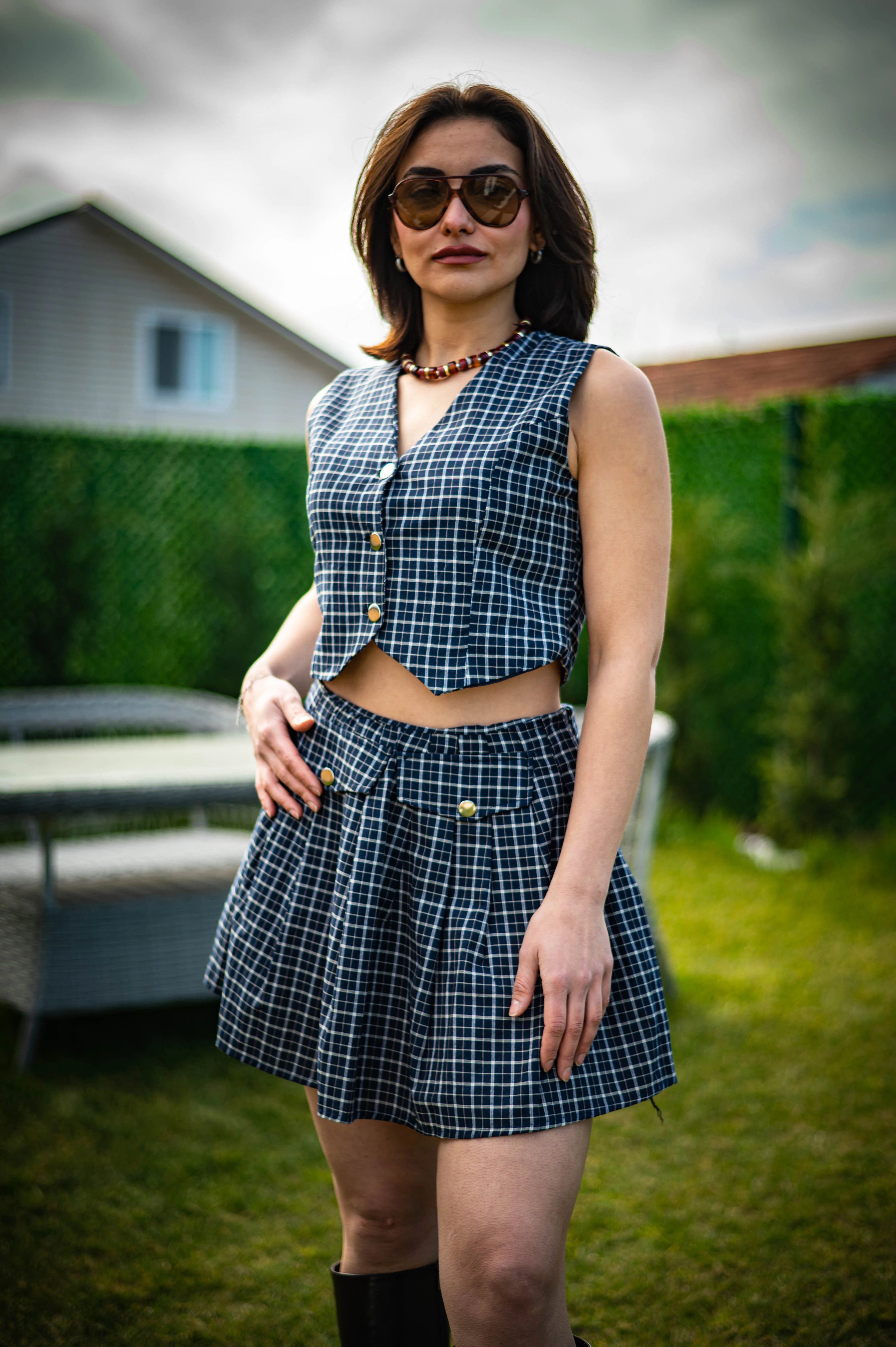 Lacivert Yelekli Ekose Etek Takım