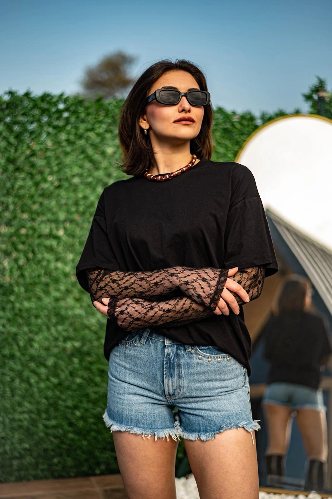 Siyah Dantel Kol Detaylı Basic Bluz